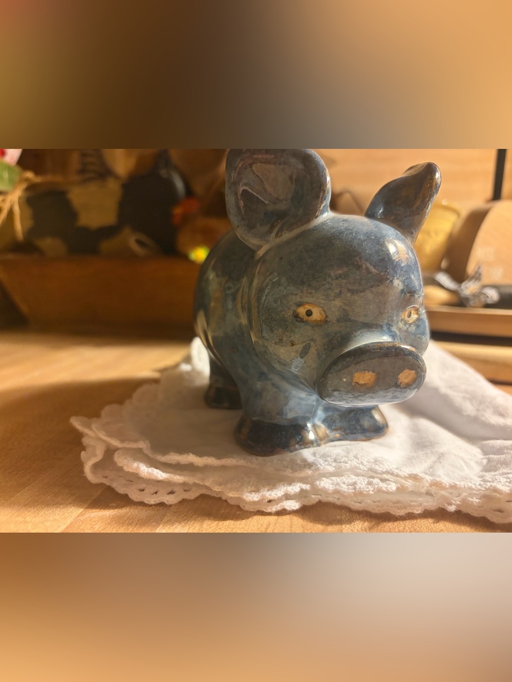 Blue Glazed Ceramic Pottery Pig Figurine
